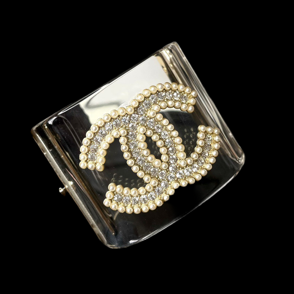 Chanel Cuff Bangle Bracelet Clear Pearls Silver