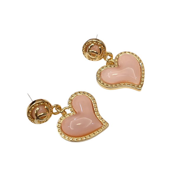 CHANEL CC Logo Heart Shape Dangle Earrings Gold pink tone ED.20042