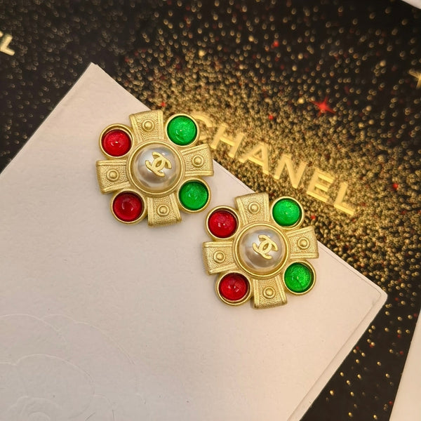 CHANEL MULTI COLOR JADE STONES EARRING STUDS 25 X 25MM ES10092