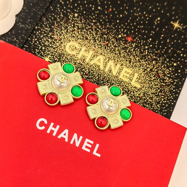 CHANEL MULTI COLOR JADE STONES EARRING STUDS 25 X 25MM ES10092