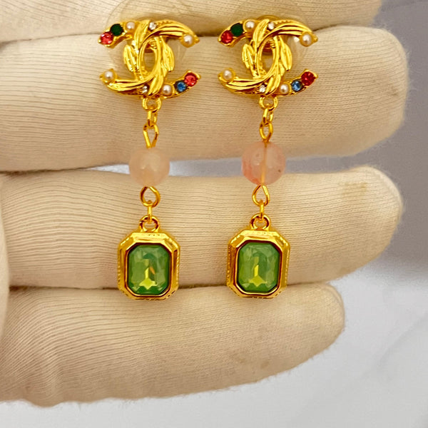 CHANEL Gold Green Jade DANGLE DROP EARRINGS Ed20043