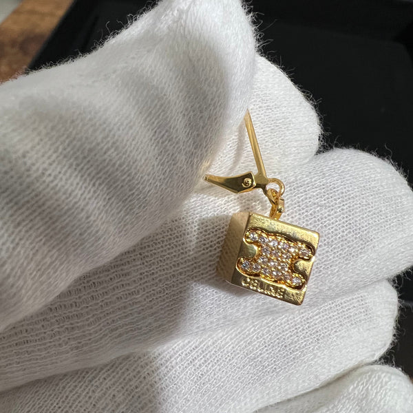 cpo. CELINE gold crystal hoop dangle earrings small Gold ED20241