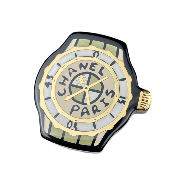 CHANEL BROOCH watch face black gold BH.40037