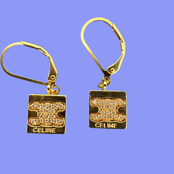 cpo. CELINE gold crystal hoop dangle earrings small Gold ED20241