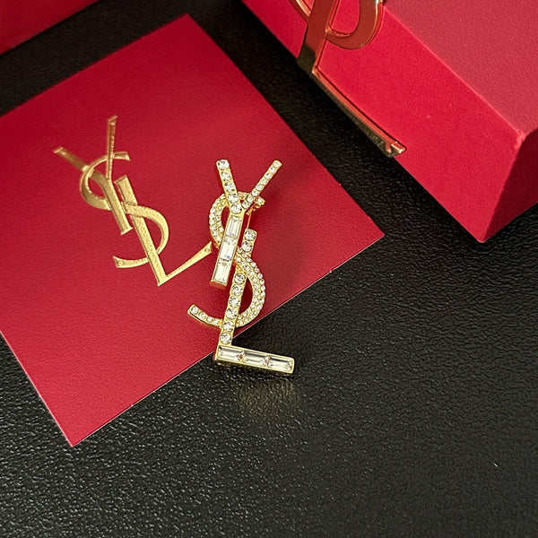 Yves Saint Laurent YSL Brooch Brass Zircon gold tone BH40119