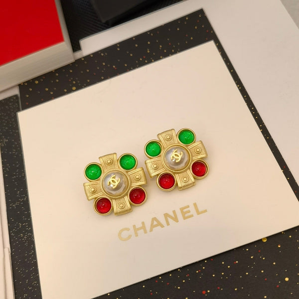 CHANEL MULTI COLOR JADE STONES EARRING STUDS 25 X 25MM ES10092