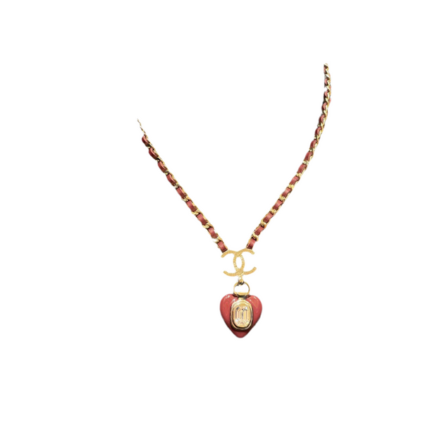 CHANEL PENDANT HEART SHAPED LEATHER CHAIN NECKLACE BURGUNDY NL10095