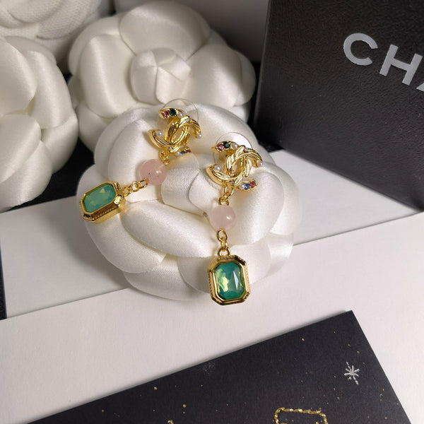 CHANEL Gold Green Jade DANGLE DROP EARRINGS Ed20043