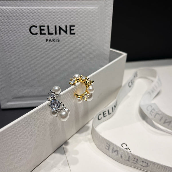 cpo. CELINE Pearls Stones Circle Hoop Earrings Ear bone Clip ear loop cuff silver tone ED20078