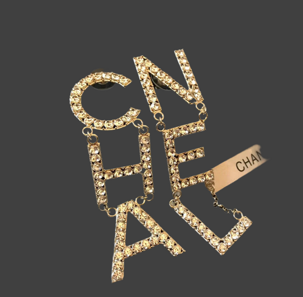 Chanel logo crystal letter dangle drop earrings ES10104