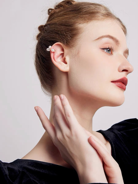 cpo. CELINE Pearls Stones Circle Hoop Earrings Ear bone Clip ear loop cuff silver tone ED20078