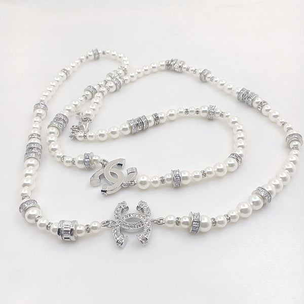 Chanel crystal Xlong pearl necklace white silver tone NL10041