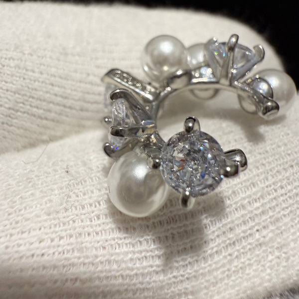 cpo. CELINE Pearls Stones Circle Hoop Earrings Ear bone Clip ear loop cuff silver tone ED20078