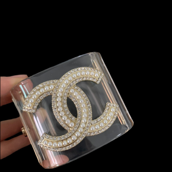 Chanel Cuff Bangle Pearl Bracelet Clear Gold tone