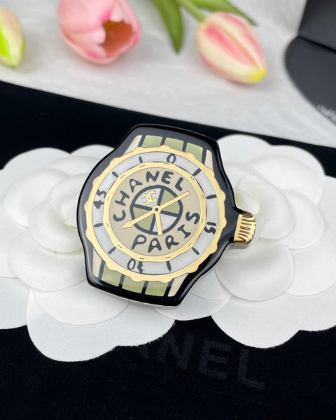 CHANEL BROOCH watch face black gold BH.40037