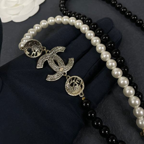 CHANEL black white pearl beads long necklace black white gold 4764 NL10088