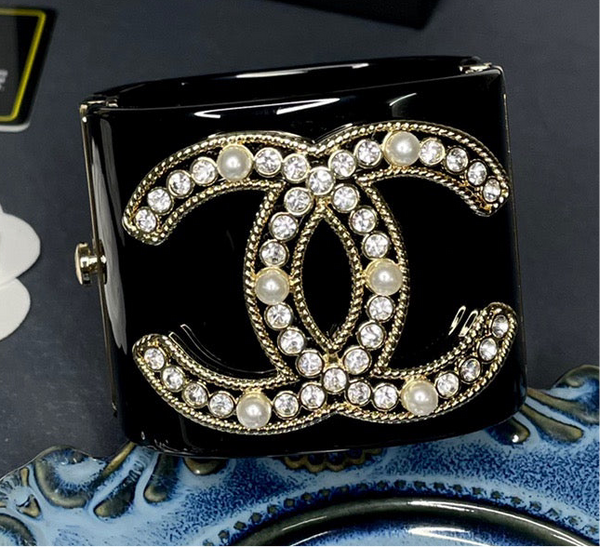 Chanel Cuff Bangle Bracelet Crystals Pearls Black