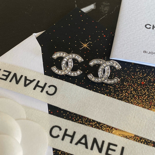 CHANEL CC STUDS CRYSTAL EARRINGS silver black ES10023/ ES10030