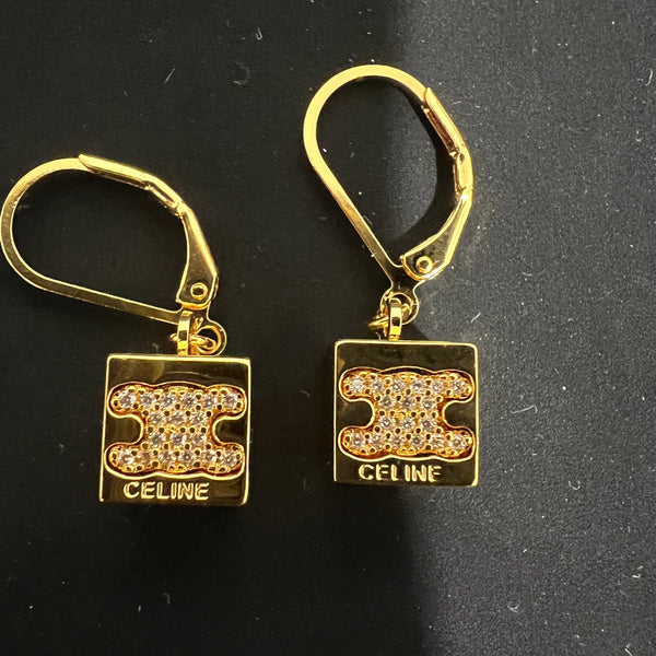 cpo. CELINE gold crystal hoop dangle earrings small Gold ED20241