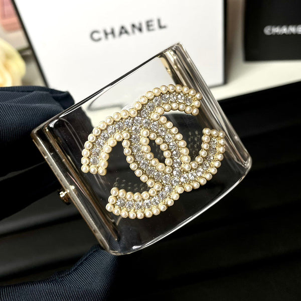Chanel Cuff Bangle Bracelet Clear Pearls Silver