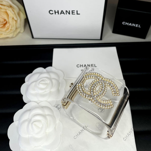 Chanel Cuff Bangle Bracelet Clear Pearls Silver