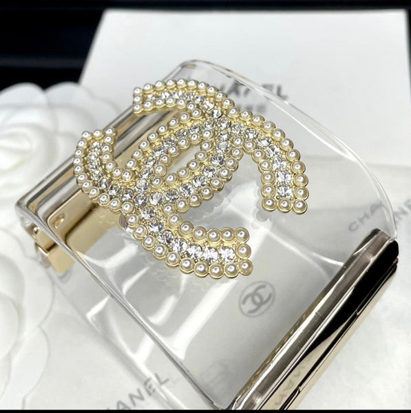Chanel Cuff Bangle Bracelet Clear Pearls Silver