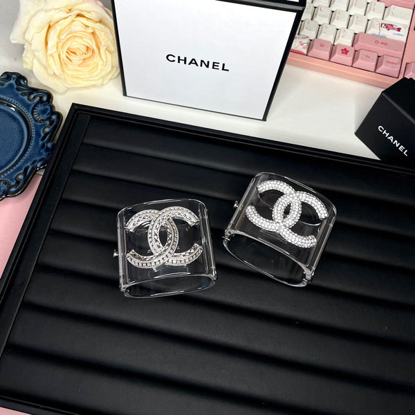 Chanel Cuff Bangle Bracelet Clear Silver