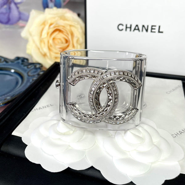 Chanel Cuff Bangle Bracelet Clear Silver