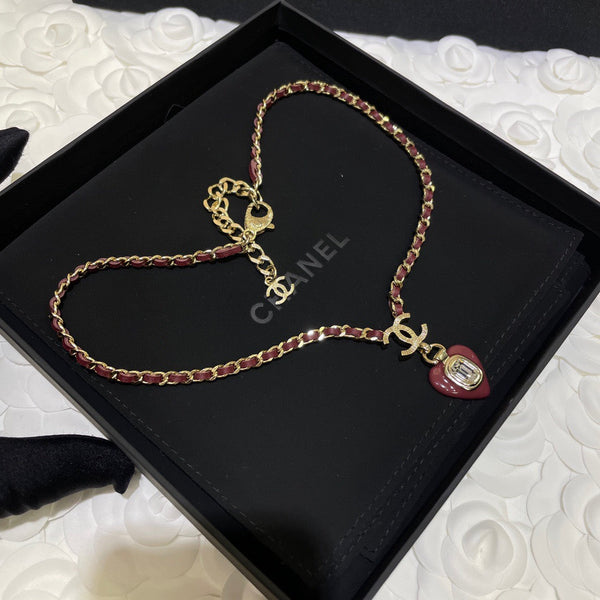 CHANEL PENDANT HEART SHAPED LEATHER CHAIN NECKLACE BURGUNDY NL10095