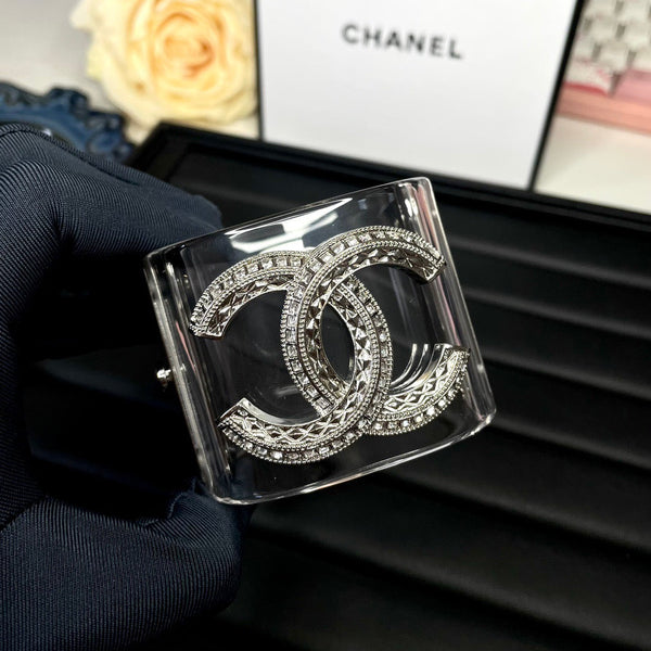 Chanel Cuff Bangle Bracelet Clear Silver