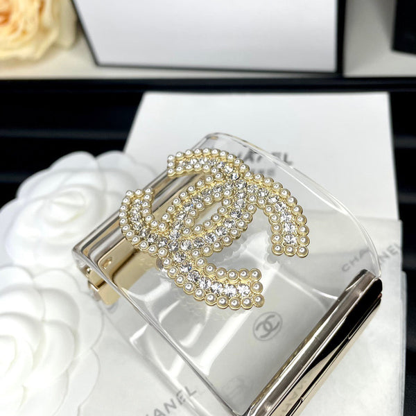 Chanel Cuff Bangle Bracelet Clear Pearls Silver