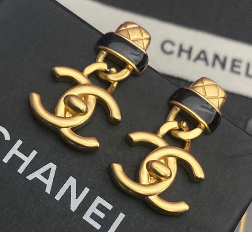 CHANEL Silver Black Dangle Earrings BQ40012